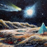 Пейзаж Меркурия с кометой и голубой пирамидой.