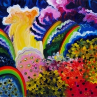 Радуги у водопада. Цветочные поляны. (Водопад Жигалан.  Холст, масло, 71-82.ю 1974. 